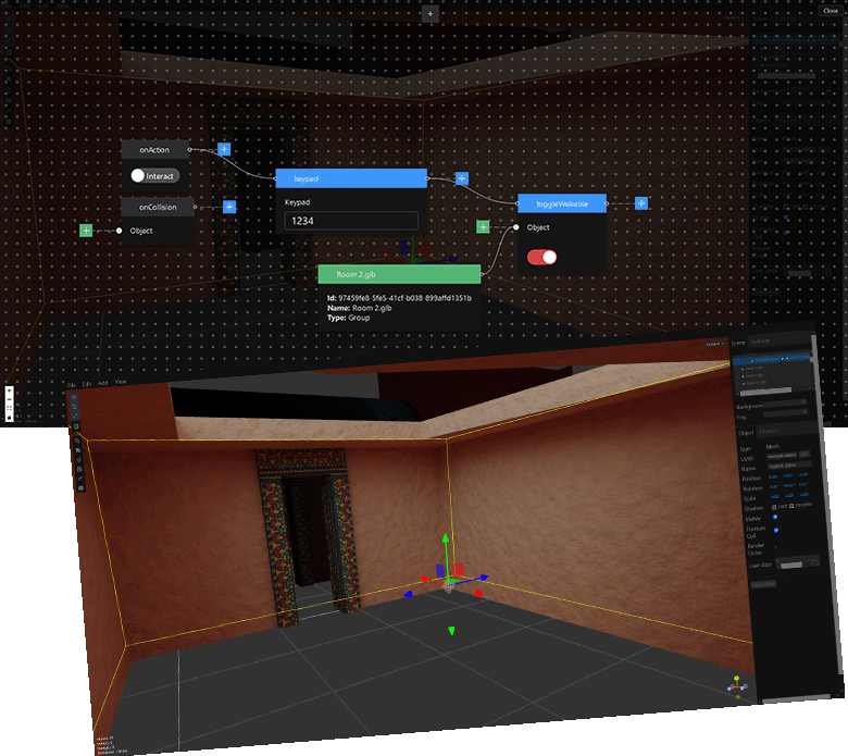 Escape room editor, a user is moving a 3D model of a room on its axis and creating logic with a visual programmer.